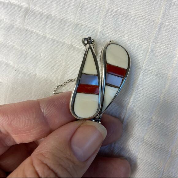 Sterling silver Zuni inlaid watch band old pawn mother of pearl coral and bone - Picture 3 of 7